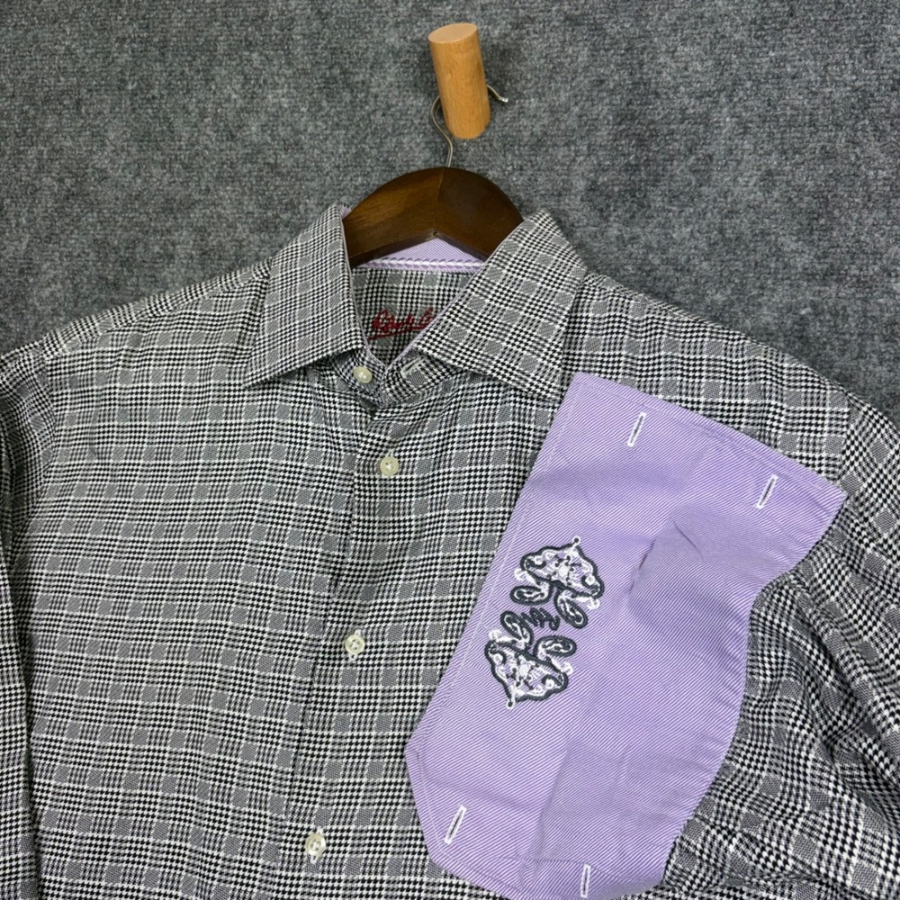 Robert Graham Button Down Mens 16.5 L Houndstooth Embroidered French Cuffs